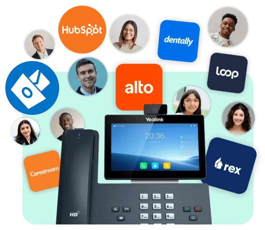 A Yealink desk phone surrounded by the CRM tools and colleagues it connects to